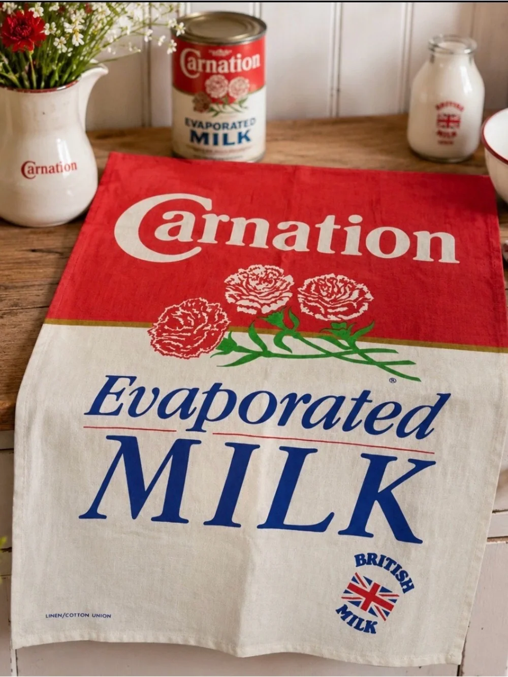 Vintage Carnation Evaporated Milk British Advertising Tea Towel Linen Cotton